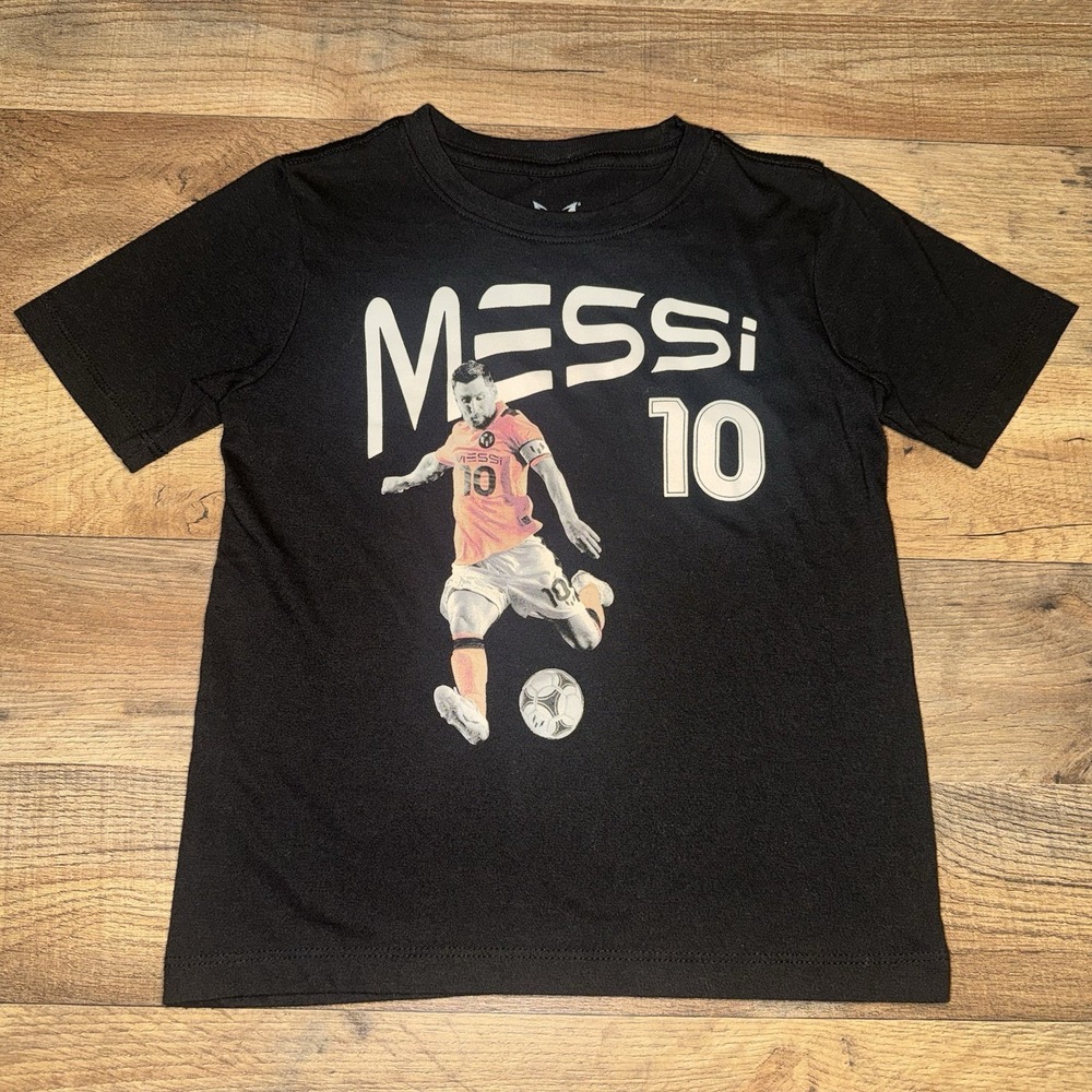 Messi 10 Soccer Black Graphic Tee Crew Neck Short Sleeves Youth Boys Size XS